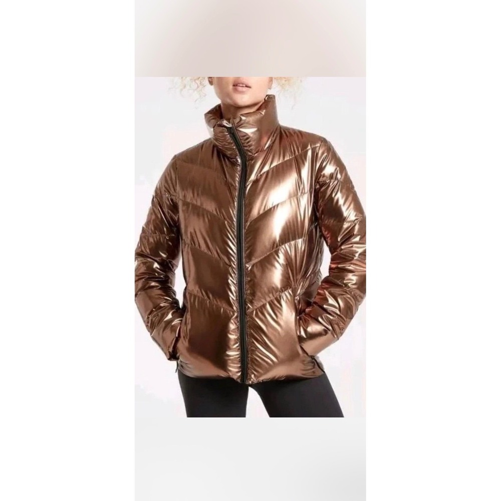 Athleta Downtown Puffer Jacket Women XS Bronze Metallic Quilted Full Zip